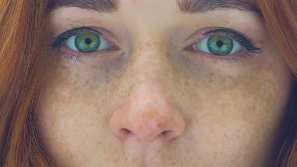 Beautiful Woman Face With Freckles Red Hair Green Eyes Zoom in Extreme Close Up