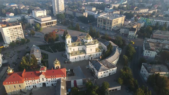Aerial Shot The City Luck. Summer Morning Central Cathedral. Ukraine