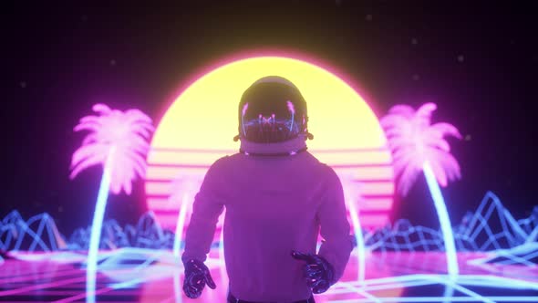 Astronaut Runs Surrounded By Flashing Neon Lights