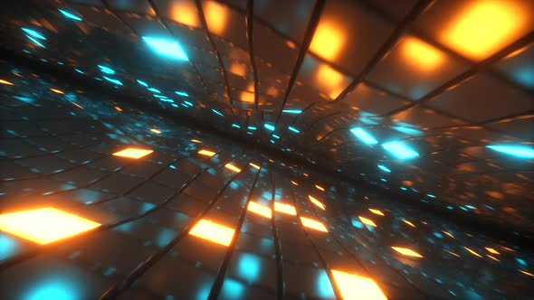 Flying in Endless Space of Neon and Metal Cubes