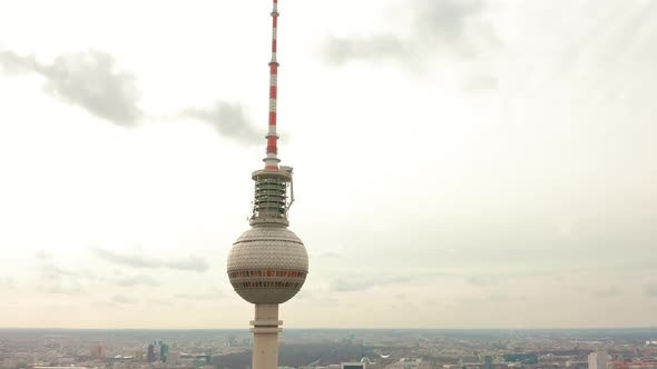 Berlin TV Tower Super Closeup During a Cloudy Day, Aerial View