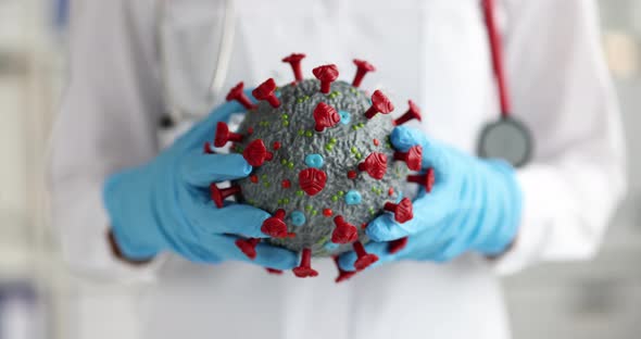 Doctor in Gloves Holds Mockup of Coronavirus Molecule in Laboratory