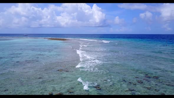 Aerial sky of tranquil seashore beach journey by clear sea with clean sandy background of a dayout n