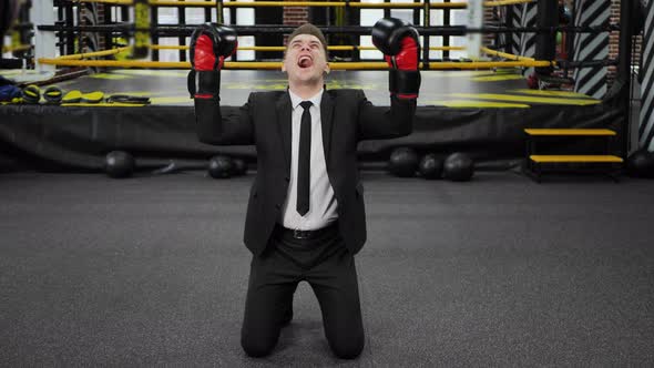 Young Businessman in a Suit and Boxing Gloves is on His Knees and Rejoices at the Victory