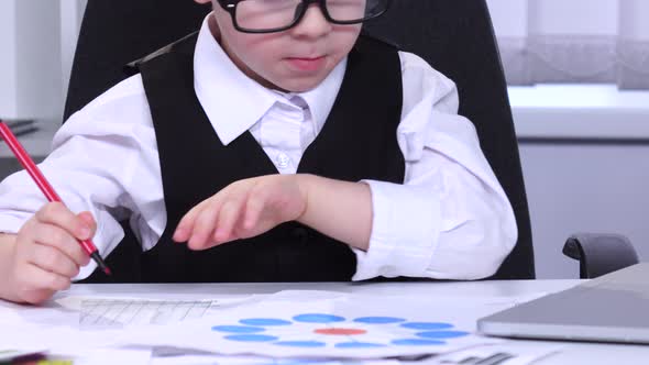 Little Boy Businessman Looking at Charts and Data Are Entered Into a Laptop