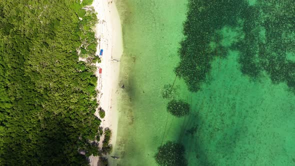 A Lagoon with a Coral Reef and a White Sandy Beach Aerial Drone