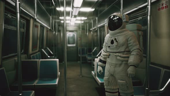 Astronaut Inside of the Old Non-modernized Subway Car in USA alt