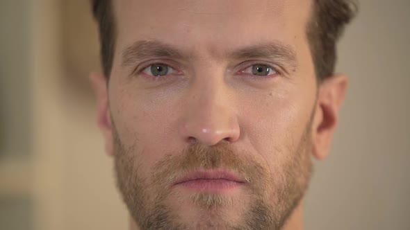 Healthy Smile of Handsome Young Man Looking Into Camera, Male Face Close-Up