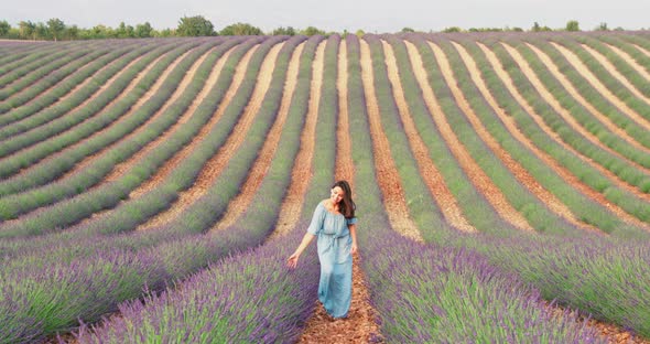 The Beautiful Young Girl Walks Across the Field of a Lavender at Sunset She is Wearing a Long Blue