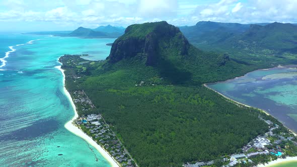 view from the height of the snow-white beach of Le Morne on the island of Mauritius in the Indian Oc