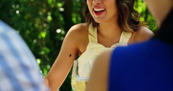 Happy woman interacting with couple while having lunch