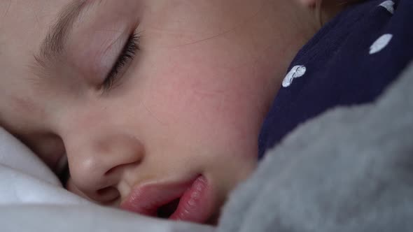 Authentic Cute Little Girl Sleeping Sweetly In Comfortable White and Grey Bed Close Up