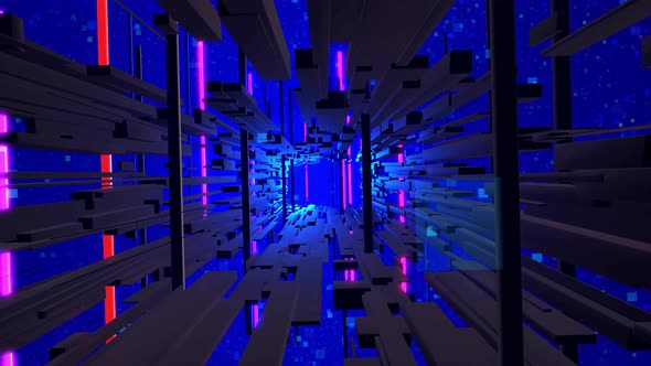 Blue Dark Sci Fi Bg Fly Through Tech Digital Space Like in Tunnel Neon Light