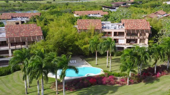Aerial drone shot of a golf luxury resort with pools, Casa de Campo La Romana, Dominican Republic