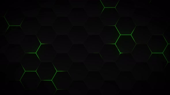 Abstract dark hexagon pattern on green neon background technology style.