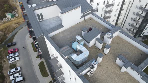 Aerial View Roof of a Multistorey Building on Which Communications and Ventilation Systems Are