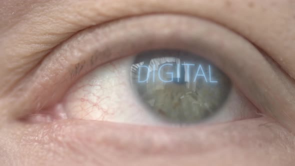 Glowing DIGITAL Word on Human Eye