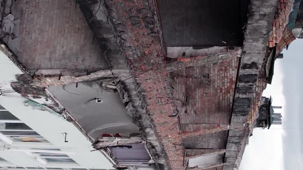 Vertical Video of a Wartorn Building in Ukraine