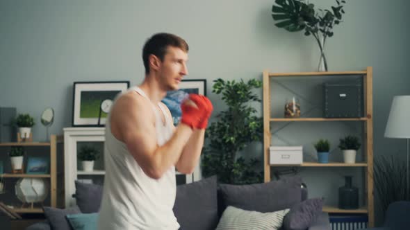 Muscular Guy in Sportswear Boxing Alone Indoors in Apartment Enjoying Activity