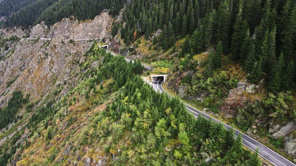 Aerial drone view of nature in Romania. Transfagarasan route in Carpathian mountains