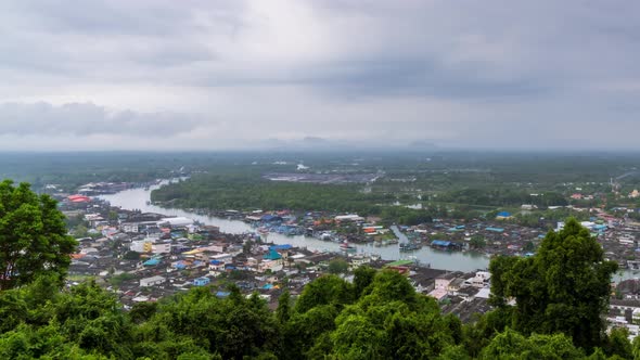 Pak Nam Chumphon town, fisherman village, from Khao Matsee scenic viewpoint - Time Lapse