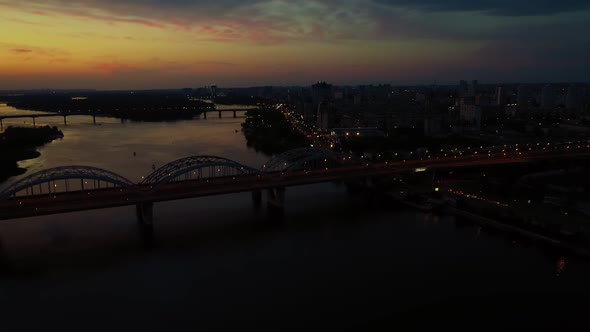 Aerial Drone View of a Night Big City Scape