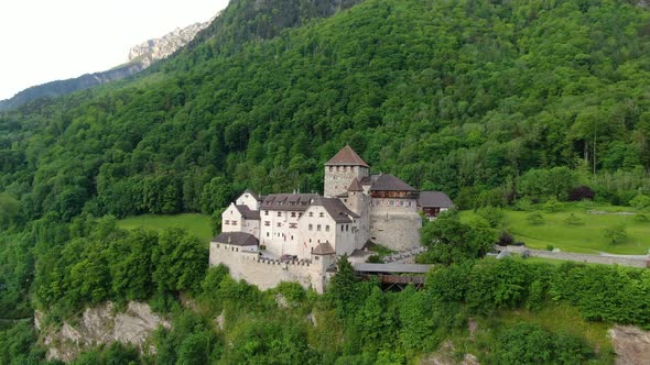 Flying over Vaduz castle in capital of Principality of Liechtenstein, Europe