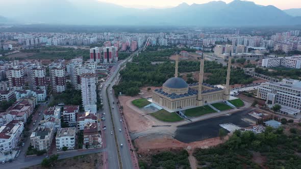 Panoramic Aerial View of European Town Landscape with Mosque Minaret View