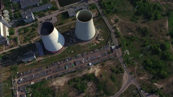 Aerial View Pipe on Thermal Power Plant. Industrial Chimney Hydro Power Station