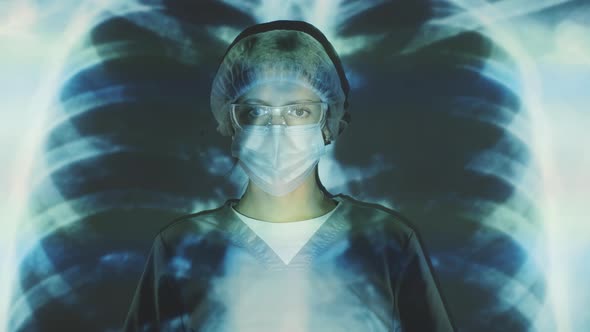 Professional Female Doctor in Mask Posing on X-Ray of Chest