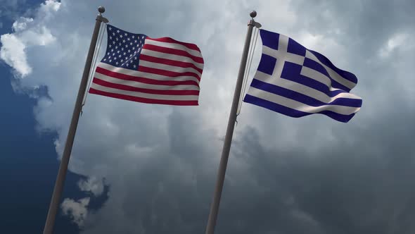 Waving Flags Of The United States And Greece 4K