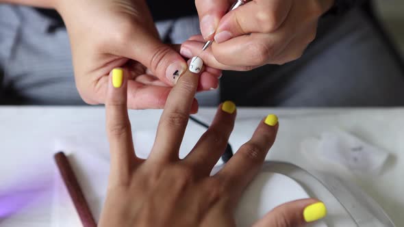Anonymous beautician applying lacquer on female client nails