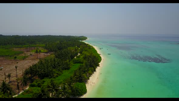 Aerial above landscape of beautiful tourist beach journey by turquoise ocean and white sand backgrou