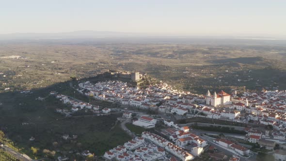 Aerial drone view of Castelo de Vide in Alentejo, Portugal from Serra de Sao Mamede mountains