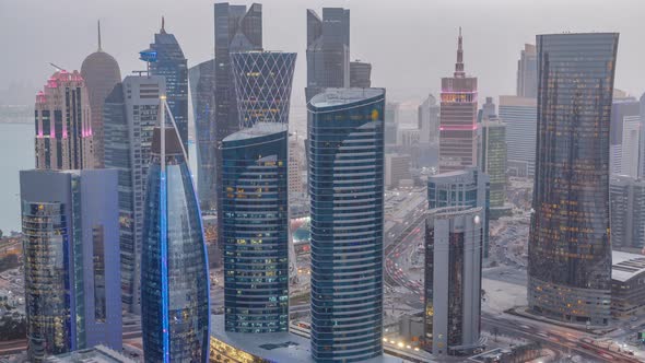 The Skyline of the West Bay Area From Top in Doha Day to Night Timelapse Qatar