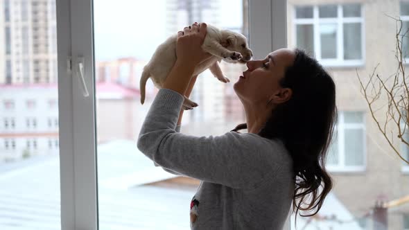 Female Holding Labrador Puppy Against Window