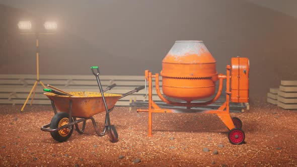 Animation of concrete mixer in a construction site while working at night.