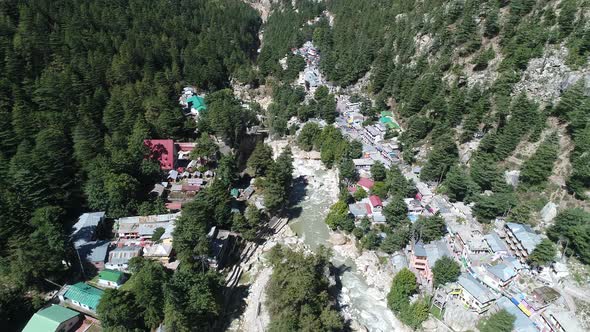 Gangotri village in the state of Uttarakhand in India seen from the sky