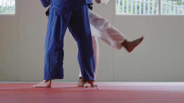 Judokas training by doing a randori on the judo mat