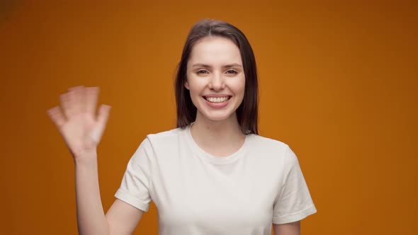 Young Woman Smiling and Shaking Hand Greeting Someone Against Yellow Background