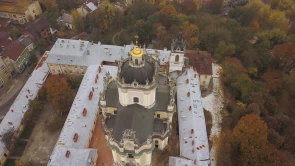 Aerial view of the Saint George's Cathedral in Lviv, Ukraine