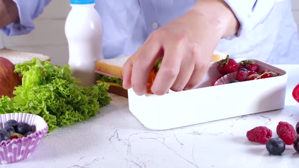 Mother making school lunch in kitchen