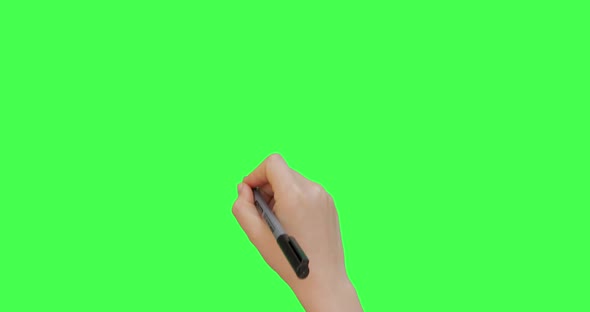 Female right hand holding pen and writing X cross sign symbol, Green screen background