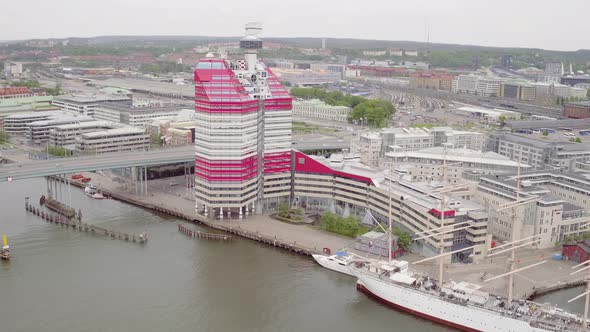 Aerial descent capturing the harbour and bridge towards Gothenburg center.