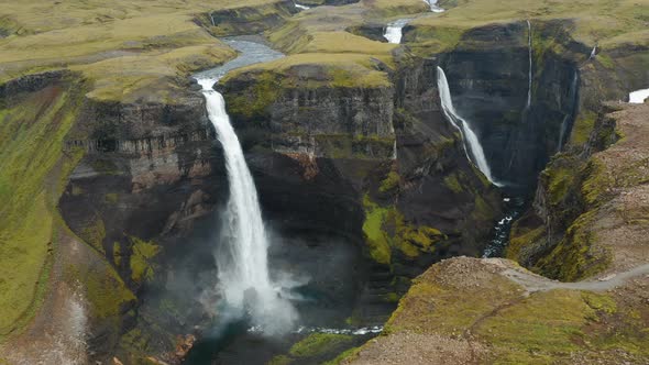 Haifoss and Granni Waterfalls in Iceland Aerial View