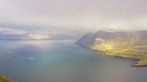 Drone Shot Over Mountains And Fjord Of Funningur
