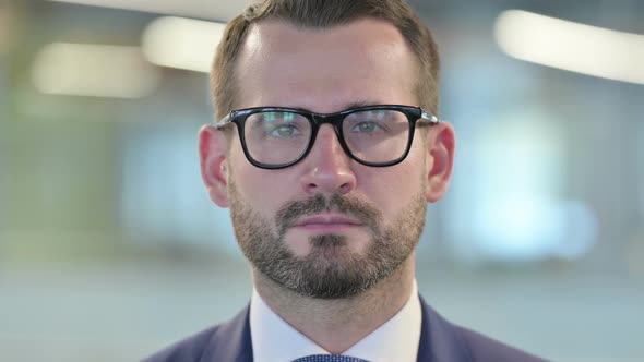 Face Close Up of Middle Aged Businessman Looking at Camera