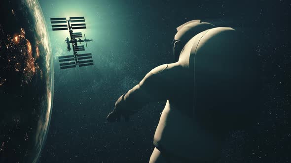 Astronaut Against International Space Station Silhouette