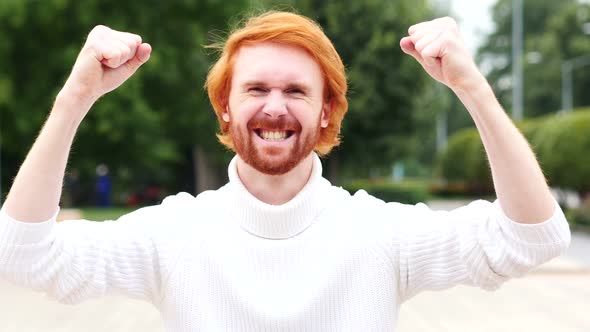 Excited Beard Man Celebrating Success, Outdoor