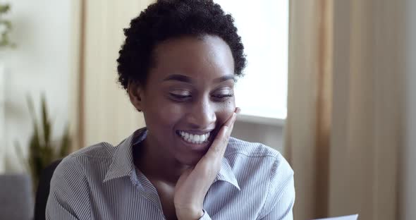 Portrait African American Lady Woman Winner Receives Happy Letter